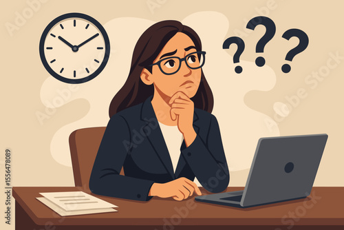 Thoughtful businesswoman at office desk facing decision-making challenges, time management pressure, and work deadlines. Corporate stress, productivity, confusion, multitasking. Vector illustration.