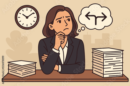Businesswoman Decision Making Under Time Pressure. Office Worker Contemplating Choices. Deadline Stress, Corporate Environment, Paperwork, Productivity, Vector Illustration, Career Challenge Concept
