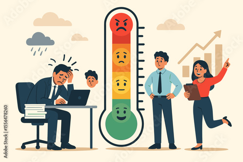 Emotional thermometer for stress level & satisfaction. Employee burnout vs productivity & performance. Business concept of mental health, mood scale, worker well-being. Vector cartoon.
