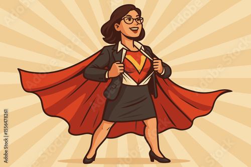 Confident businesswoman superhero concept. Female leader revealing superpower costume under suit. Empowerment, leadership, success, motivation, career woman. Vector cartoon illustration.