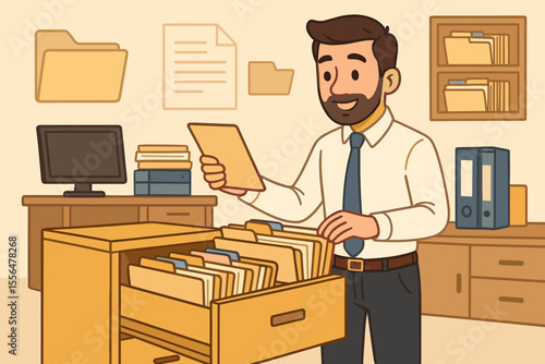 Office worker organizing files in filing cabinet, business document management, paperwork sorting, archive storage, administrative workflow, workplace organization, cartoon vector illustration