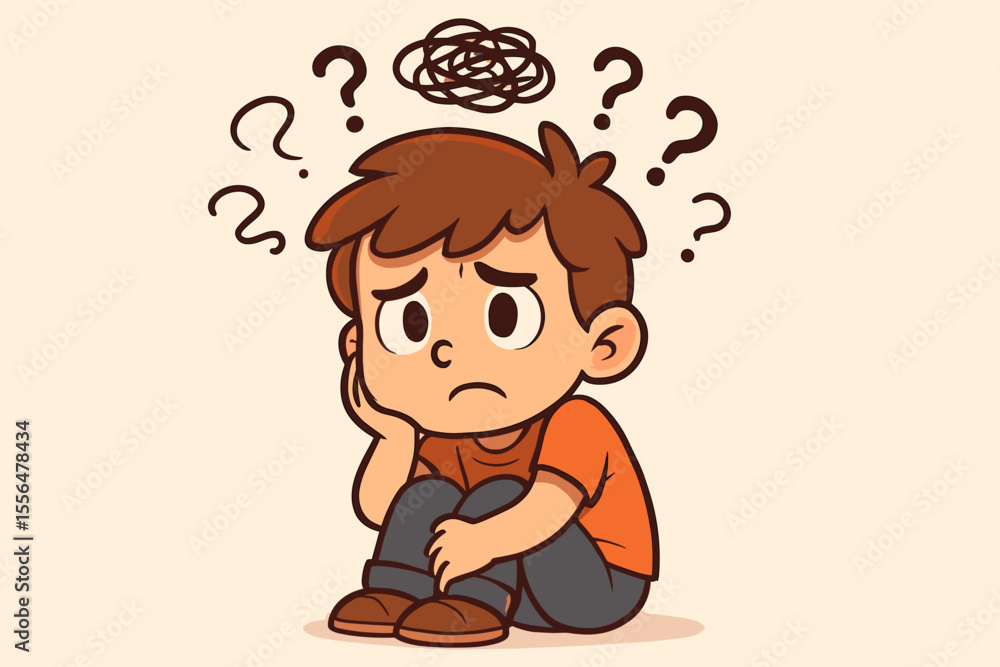 Sad confused boy sitting on floor, hand on cheek, surrounded by question marks and scribble, mental health, frustration, anxiety, stress, overwhelmed child, cartoon vector illustration Sad confused boy sitting on floor, hand on cheek, surrounded by question marks and scribble, mental health, frustration, anxiety, stress, overwhelmed child, cartoon vector illustration