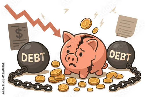 Financial crisis concept with a sad broken piggy bank chained to a heavy debt ball. Economic recession, bankruptcy, and poverty metaphor. Loan problems, investment failure, and savings loss.