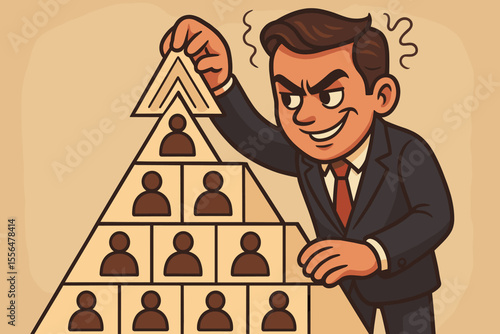Pyramid scheme concept with evil businessman building fraudulent MLM structure. Deceptive multi-level marketing scam, illegal business model and corporate hierarchy vector illustration.