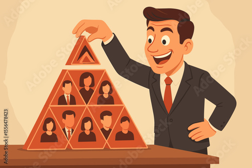 Retro cartoon of a businessman building a fraudulent pyramid scheme. Vector concept for MLM, network marketing scam, Ponzi, illegal financial hierarchy, and corporate deception.
