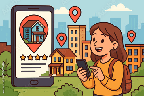 Young Woman Searching for Rental Housing Using Mobile App Reviews, Urban Real Estate Selection, Apartment Locator, Modern Technology, City Living, Cartoon Vector Illustration