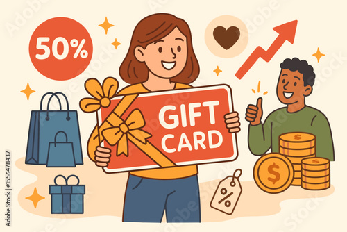 Gift card promotion for boosting sales. Customer loyalty program with prepaid vouchers and discounts. Marketing strategy concept with bonus rewards for shopping. Vector cartoon.