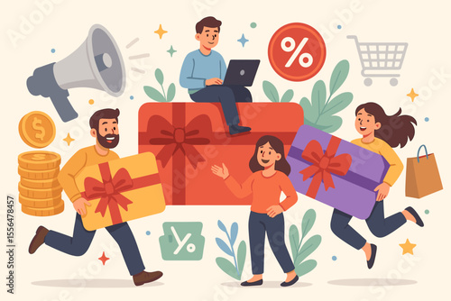 Gift card promotion concept for boosting sales and customer loyalty. People running with giant prepaid vouchers. Marketing campaign with discounts for online shopping. Vector cartoon.
