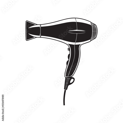 Hair dryer icon for salon or beauty designs. Black silhouette of electric hair dryer device.