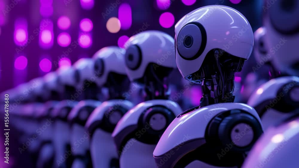 Futuristic AI Robot Queue Under Purple Light Futuristic AI Robot Queue Under Purple Light