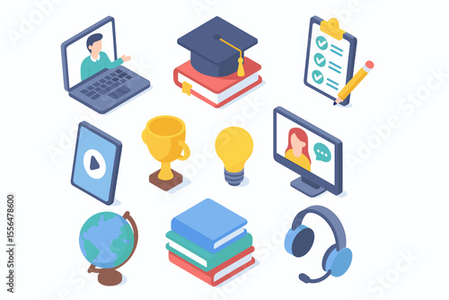 Online education isometric 3D icon set. E-learning, distance learning, and webinar concepts. Vector cartoon illustration for school, university, or online course. Digital knowledge.