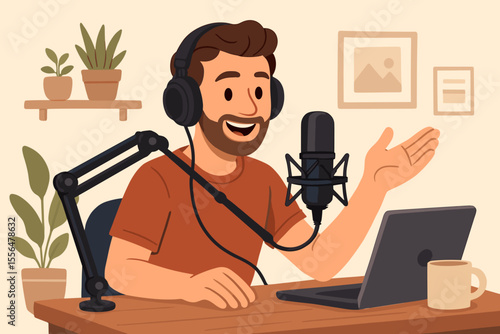 Man podcaster recording audio podcast in home studio. Happy radio host or streamer broadcasting live. Speaker with professional microphone and headphones. Content creator vector.