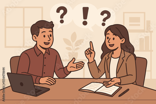 Man and woman discussing solutions, seeking answers concept. Collaborative problem-solving in office setting. Teamwork brainstorming session with question marks and idea. Vector cartoon.