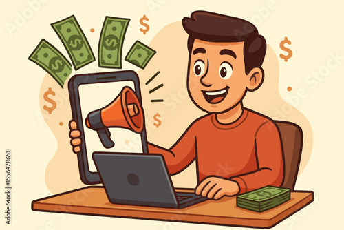 Man earning money online with mobile digital marketing. Remote work, freelance job concept. Financial freedom and passive income from a smartphone and laptop. Vector cartoon illustration.