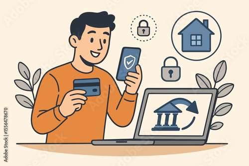 Man making secure online payment via smartphone for home loan. Character with credit card and laptop transferring funds to bank account. Mortgage repayment, financial security concept.