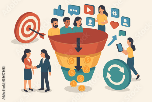 Isometric social media marketing funnel concept. Lead generation for target audience. Customer journey to sales conversion. Digital business growth, revenue and client retention strategy.