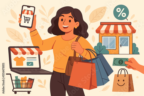 Happy woman shopping online via smartphone and laptop. E-commerce and retail concept. Customer with bags at physical store during sale. Consumerism and payment vector illustration.