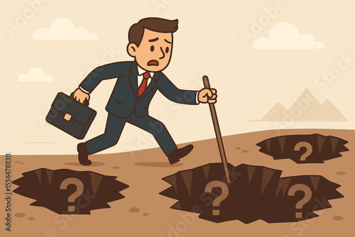 Businessman carefully navigates a field of pitfalls, a metaphor for managing business risks and uncertainty. Man with stick probes for hidden dangers, traps, and crisis situations.