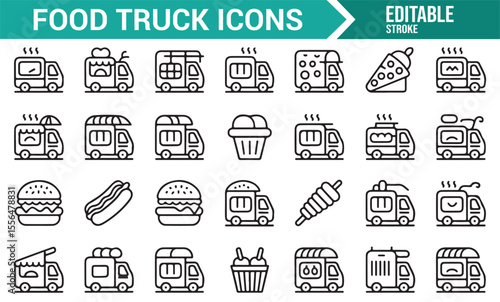 Set of food truck and catering icons featuring food items, trucks, and kitchen tools for food service designs.