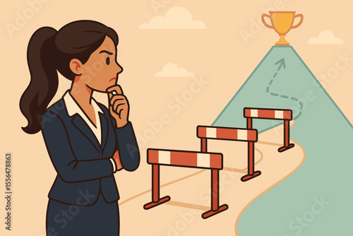 Businesswoman overcoming obstacles on the path to success. Female professional planning a strategy to get to the goal. Career challenge, problem solving and ambition vector concept.