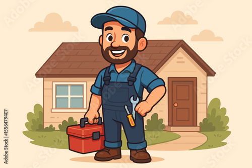 Handyman repair technician character with toolbox for home maintenance service. Friendly cartoon worker, plumber, or mechanic mascot standing in front of a house. Vector illustration concept.