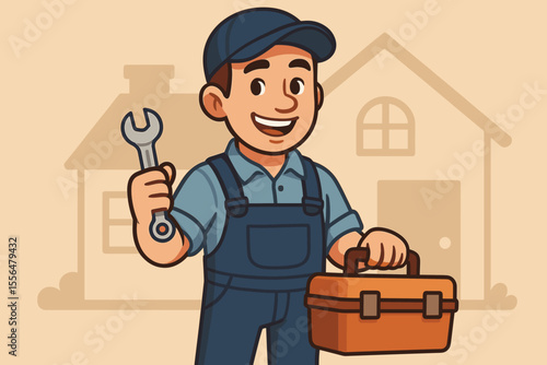 Handyman character holding wrench and toolbox for home maintenance. Professional repairman, plumber, or technician offering service. Vector cartoon illustration of a worker mascot.