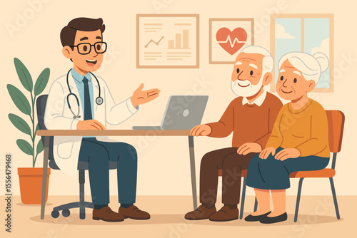 Senior couple at a doctor's appointment. Elderly patients consulting with a physician in a clinic office. Medical advice and healthcare concept for aging people. Geriatric care.