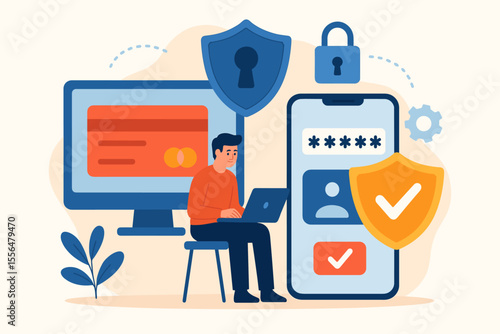 Secure online transaction and data protection. Cybersecurity concept for internet banking with user login, password verification, and two-factor authentication. Vector cartoon.