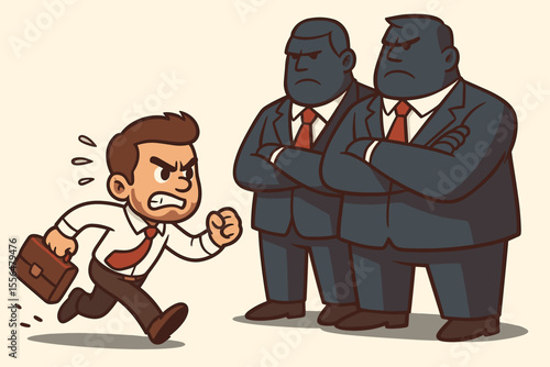 Competition between small business and large corporation. Determined entrepreneur faces intimidating corporate giants. David and Goliath business metaphor for struggle and challenge.