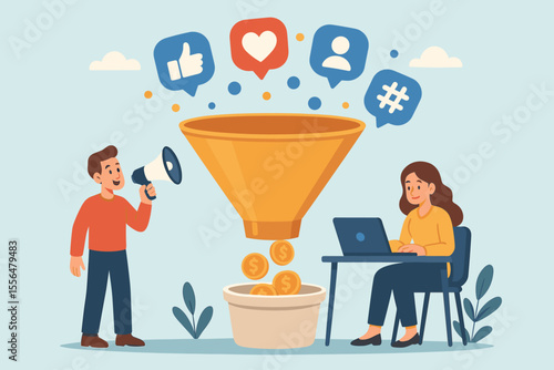 Social media marketing funnel for lead generation. Converting likes, follows, and engagement into qualified leads and profit. Digital advertising and customer acquisition strategy. Vector.