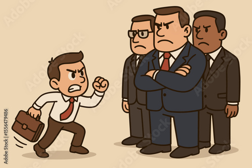 Small business versus big corporation metaphor. David vs Goliath concept. Brave entrepreneur underdog confronting corporate giants. Business competition, rivalry and challenge cartoon.