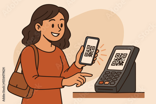Smiling woman making contactless payment with smartphone QR code scan at point of sale terminal. Mobile wallet, digital transaction, cashless purchase, modern retail technology, vector illustration