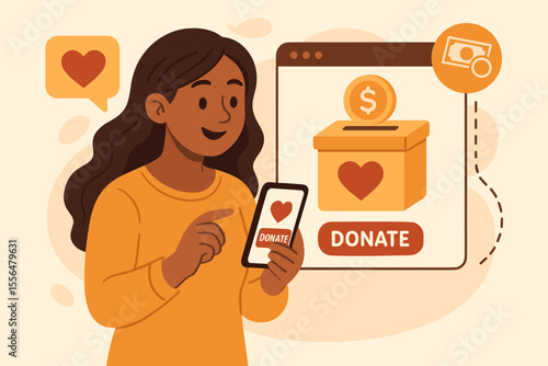 Online charity donation concept. Woman using smartphone for digital giving. Mobile fundraising, internet philanthropy, fundraising box, heart symbol, cashless payment, nonprofit support illustration