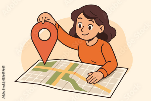 Woman placing GPS location pin on city map, navigation and direction concept, travel planning, route finding, map marker, destination search, vector cartoon illustration