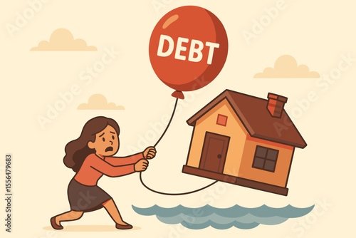 Financial crisis mortgage debt concept. Woman struggling to save home from foreclosure, holding floating house tied to debt balloon over water. Economic hardship, loan, housing insecurity vector