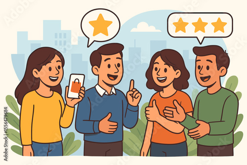 Word of Mouth Marketing Strategy, People Sharing Positive Product and Service Experiences, Customer Reviews, Social Recommendations, Feedback, Referral, Happy Clients, Thumbs Up, Urban Background