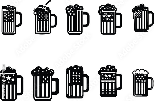 Patriotic Beer Mug Illustrations American Flag Design for 4th of July set vector