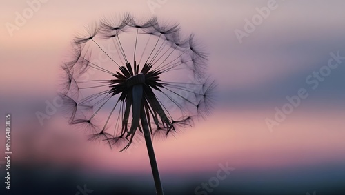 Dandelion's Delicate Dance at Sunset: A close-up captures the intricate beauty of a dandelion clock against a pastel sky, its seeds poised for a gentle dispersal