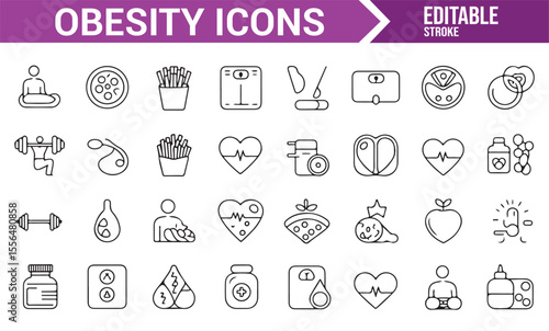 Icons representing healthy living, fitness, and weight management for obesity awareness and health campaigns.