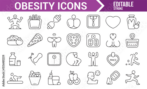 Collection of health and fitness icons for weight loss, obesity awareness, and lifestyle improvement.