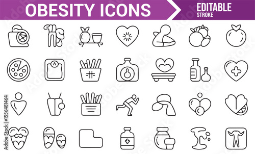 Set of icons featuring healthy living, exercise, and food choices for obesity awareness and fitness branding.