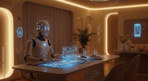 Robot works at glowing interface table