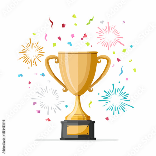 A trophy cup with confetti and sparkles
