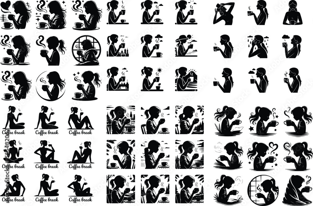 Girl Drinking Coffee Silhouette Set – Stylish Morning Icon Collection Coffee Lover Female Vector Icons – Minimal Girl & Hot Drink Design Girl Drinking Coffee Silhouette Set – Stylish Morning Icon Collection Coffee Lover Female Vector Icons – Minimal Girl & Hot Drink Design