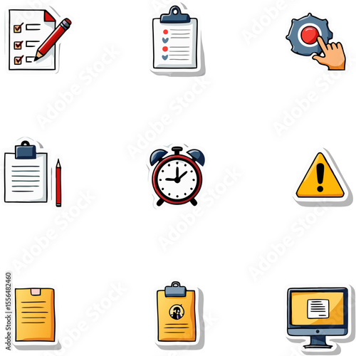 Collection of Icons Representing Task Management, Alerts, and Timekeeping for Digital Interfaces