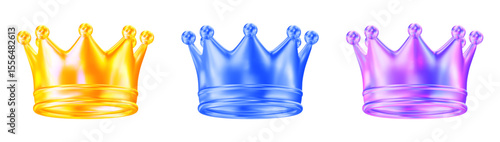 3d set neon crown yellow, blue, purple colors. Textured king holographic crown. Stock vector illustration on isolated background.