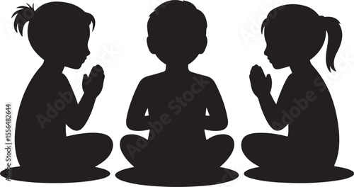 Children meditating and praying black and white silhouettes sets