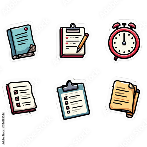  Set of six icons representing checklist and time management tools for productivity and organization