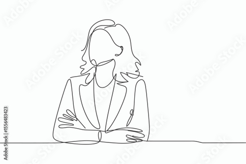 Single line drawing of a confident businesswoman with arms crossed looking to the side