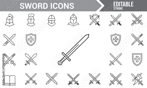 Line Art of Medieval Swords, Helmets, and Knights for Digital and Print Designs